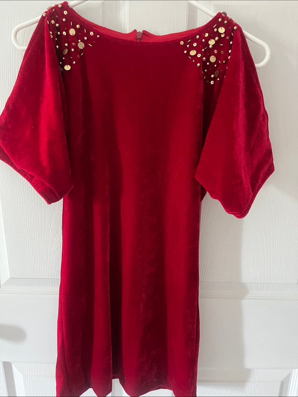 Us Angels Red Velvet Dress with Gold Stud Shoulder Accents
